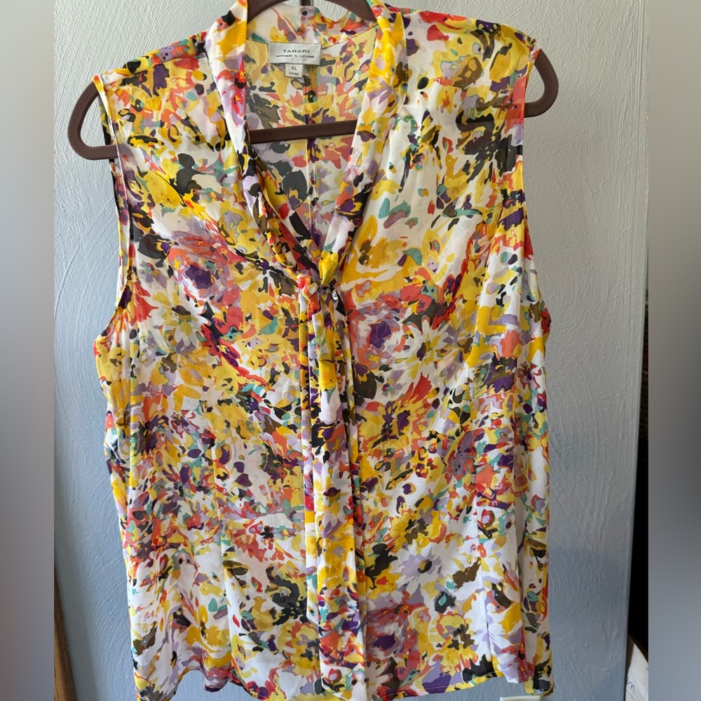 Tahari Floral Sleeveless Bow Neck Blouse, Size Large